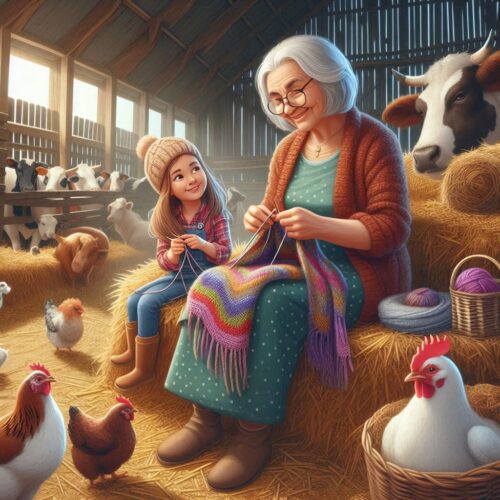 grandmother and grandaughter knitting in a barn