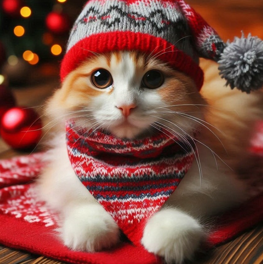 cat wearing a festive knitted bandana