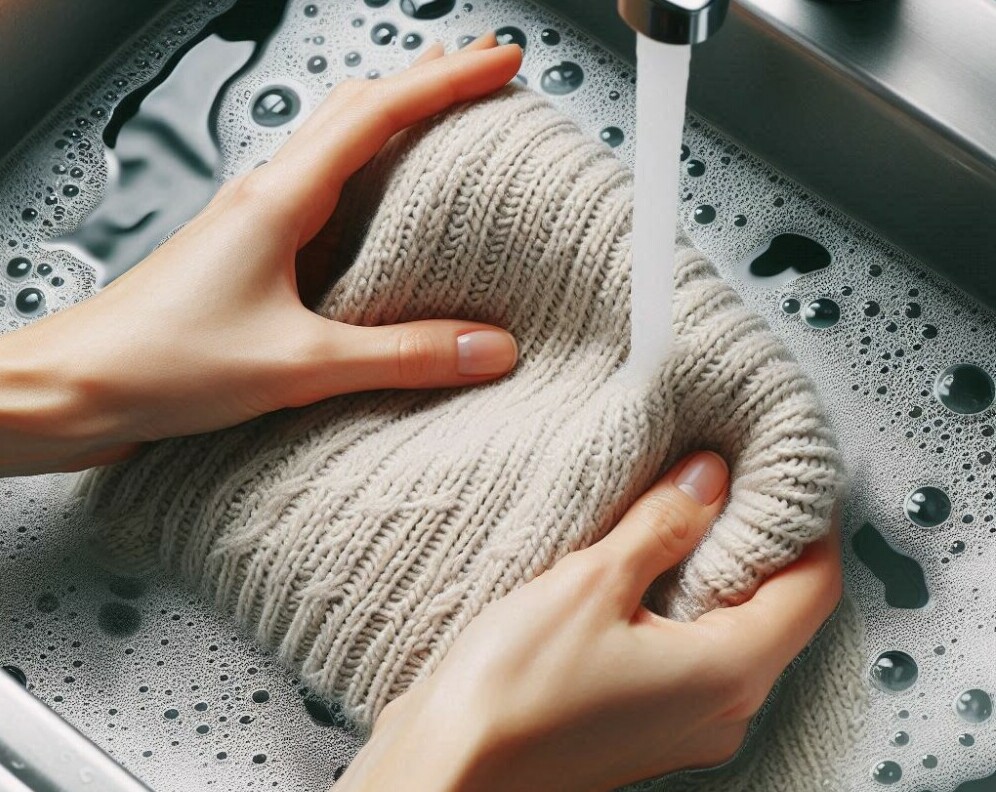 knitting being washed in a sink